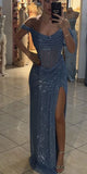 Mermaid Light Blue Sequin Sparkly Off-Shoulder Fashion Party Evening Long Prom Dresses PD047