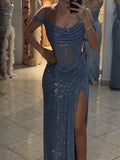 Mermaid Light Blue Sequin Sparkly Off-Shoulder Fashion Party Evening Long Prom Dresses PD047
