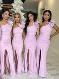 Mermaid Satin One Shoulder Unique Elegant Long Beach Formal Bridesmaid Dresses with SlitBD234