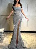 Mermaid Silver Sequin Sparkly Strapless Elegant Fashion Party Evening Long Prom Dresses PD039