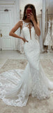 Mermaid Sleeveless Lace Unique Elegant Dream Beach Vintage Long Wedding Dresses WD008