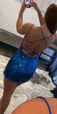 Mermaid Straps Royal Blue Sequin Modest Popular Short Party Prom Dresses, Unique Homecoming Dresses HD012