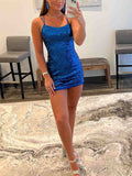 Mermaid Straps Royal Blue Sequin Modest Popular Short Party Prom Dresses, Unique Homecoming Dresses HD012