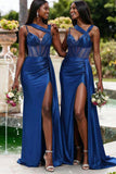 New Design Royal Blue Satin Mermaid Long Beach Formal Party Bridesmaid Dresses BD260