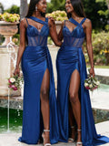 New Design Royal Blue Satin Mermaid Long Beach Formal Party Bridesmaid Dresses BD260