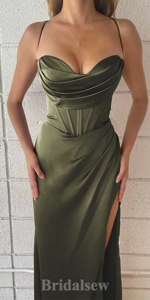 Olive Green Spaghetti Straps Popular Mermaid Evening Formal Long Prom Dresses PD1390