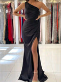 One Shoulder Black Satin Mermaid Modest Long Party Evening Prom Dresses PD1365