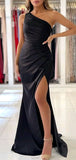 One Shoulder Black Satin Mermaid Modest Long Party Evening Prom Dresses PD1365