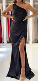 One Shoulder Black Satin Mermaid Modest Long Party Evening Prom Dresses PD1365