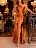 One Shoulder Burnt Mermaid Party Modest Satin Women Evening Long Prom Dresses PD1537