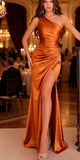 One Shoulder Burnt Mermaid Party Modest Satin Women Evening Long Prom Dresses PD1537