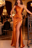 One Shoulder Burnt Mermaid Party Modest Satin Women Evening Long Prom Dresses PD1537
