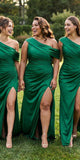 One Shoulder Satin Green Mermaid Long Beach Formal Party Bridesmaid Dresses BD264