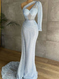 One Shoulder Sequins Mermaid Party Modest Women Evening Long Prom Dresses PD1530