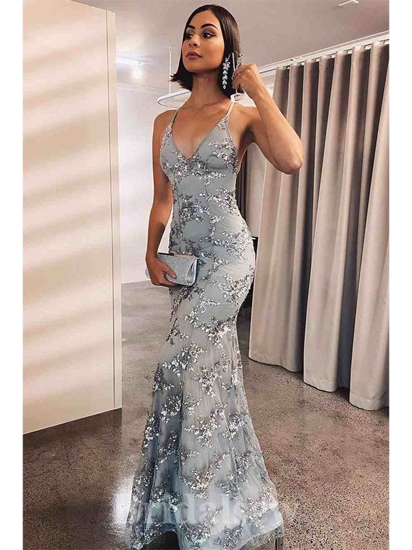 Silver spaghetti discount strap prom dress