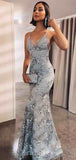 Popular Spaghetti Straps Silver Mermaid Modest Long Party Evening Prom Dresses PD1364