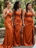 Popular V-Neck Satin Mermaid Long Beach Formal Party Bridesmaid Dresses BD259