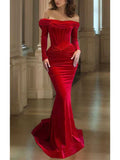 Red Long Sleeves off the Shoulder Formal Unique Fashion Party Evening Long Prom Dresses PD029
