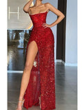 Red Sequin Sparkly Strapless Slit Sexy Unique Fashion Party Evening Long Prom Dresses PD030