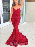 Red Strapless Mermaid Simple Sequin Popular Long Party Evening Prom Dresses PD1362