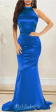 Royal Blue Open Back High Neck Mermaid Elegant Formal Black Girls Slay Satin Evening Long Prom Dresses PD1382