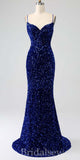 Royal Blue Sequin Spaghetti Straps Mermaid Unique Elegant Evening Formal Long Prom Dresses PD1444