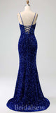 Royal Blue Sequin Spaghetti Straps Mermaid Unique Elegant Evening Formal Long Prom Dresses PD1444