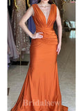 Satin Orange Unique Mermaid Sleeveless Satin Elegant Evening Formal Long Prom Dresses PD1400