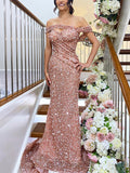 Sequin Sparkly Off Shoulder Popular Mermaid Evening Formal Long Prom Dresses PD1392