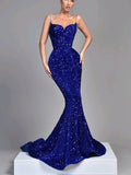 Sequin Sparkly Spaghetti Straps Simple Mermaid Unique Modest Elegant Evening Formal Long Prom Dresses PD1440