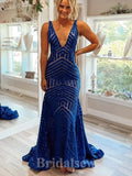 Sleeveless Mermaid V-Neck Sequin Popular Long Party Evening Prom Dresses PD1360