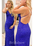 Spaghetti Straps Mermaid Simple Sequin Popular Long Party Evening Prom Dresses PD1361