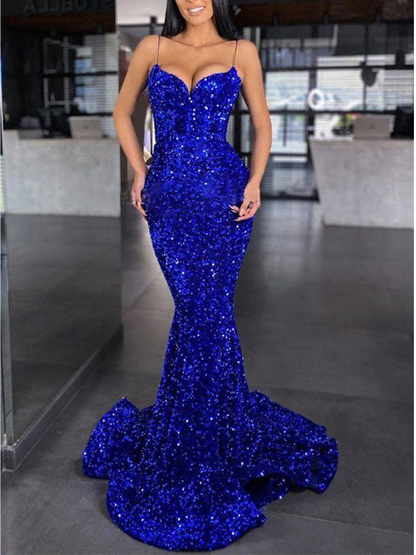 Spaghetti Straps Sequin Mermaid Simple Modest Long Women Best Evening Prom Dresses PD1016
