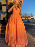 Sparkly Sequin A-line Orange Elegant Party Stylish Women Evening Long Prom Dresses PD1511