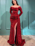 Sparkly Sequin Long Sleeves Red Mermaid Party Stylish Women Evening Long Prom Dresses PD1509