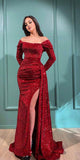 Sparkly Sequin Long Sleeves Red Mermaid Party Stylish Women Evening Long Prom Dresses PD1509