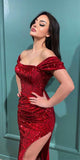 Sparkly Sequin Off Shoulder Red Mermaid Party Stylish Women Evening Long Prom Dresses PD1510