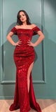 Sparkly Sequin Off Shoulder Red Mermaid Party Stylish Women Evening Long Prom Dresses PD1510