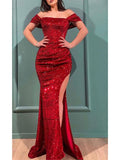 Sparkly Sequin Off Shoulder Red Mermaid Party Stylish Women Evening Long Prom Dresses PD1510