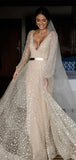 Sparkly Sequin V-Neck Long Sleeves Garden Beach Dream Vintage Long Wedding Dresses WD549