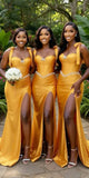 Unique Satin Yellow Mermaid Long Beach Formal Party Bridesmaid Dresses BD262