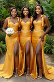 Unique Satin Yellow Mermaid Long Beach Formal Party Bridesmaid Dresses BD262