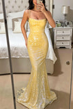 Yellow Sequin Mermaid Party Modest Sparkly Women Evening Long Prom Dresses PD1536