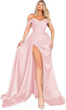 Mermaid Black Off Shoulder Satin Long Prom Dresses with Slit Evening Dress PD186