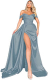 Mermaid Black Off Shoulder Satin Long Prom Dresses with Slit Evening Dress PD186