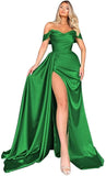 Mermaid Black Off Shoulder Satin Long Prom Dresses with Slit Evening Dress PD186