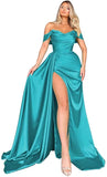 Mermaid Black Off Shoulder Satin Long Prom Dresses with Slit Evening Dress PD186