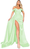 Mermaid Black Off Shoulder Satin Long Prom Dresses with Slit Evening Dress PD186