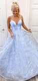 A-line Sparkly Light Blue Modest Party Formal Long Evening Prom Dresses PD283