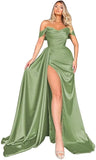 Mermaid Black Off Shoulder Satin Long Prom Dresses with Slit Evening Dress PD186